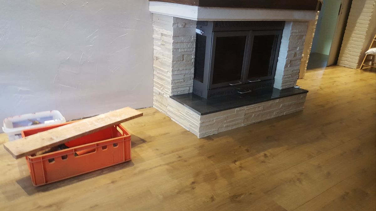 Wohnraum mit Kamin und Holzboden