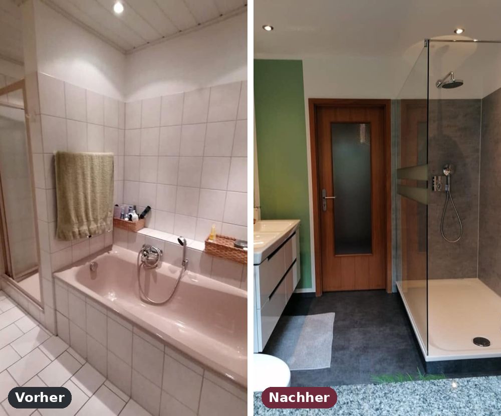 Badewanne vorher, Walk-in-Dusche nachher